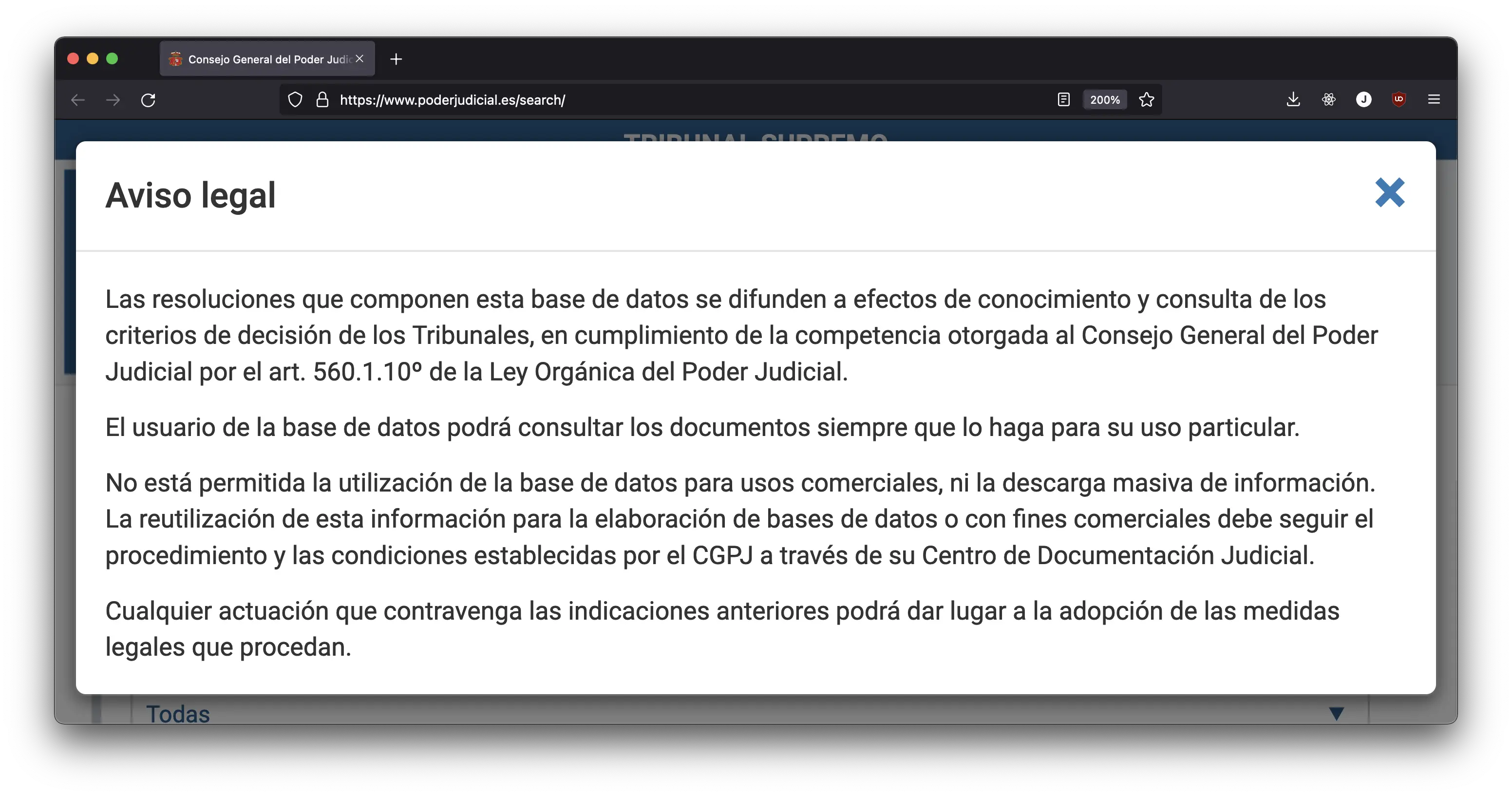 Aviso legal en el sitio del CENDOJ.

        Las resoluciones que componen esta base de datos se difunden a efectos de conocimiento y consulta de los criterios de decisión de los Tribunales, en cumplimiento de la competencia otorgada al Consejo General del Poder Judicial por el art. 560.1.10º de la Ley Orgánica del Poder Judicial.

        El usuario de la base de datos podrá consultar los documentos siempre que lo haga para su uso particular.

        No está permitida la utilización de la base de datos para usos comerciales, ni la descarga masiva de información. La reutilización de esta información para la elaboración de bases de datos o con fines comerciales debe seguir el procedimiento y las condiciones establecidas por el CGPJ a través de su Centro de Documentación Judicial.

        Cualquier actuación que contravenga las indicaciones anteriores podrá dar lugar a la adopción de las medidas legales que procedan.