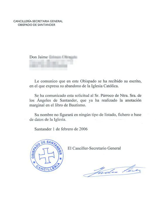 Carta del Obispado acusando recibo de apostasía
