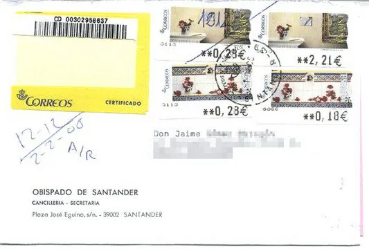 Sobre con remite del Obispado de Santander